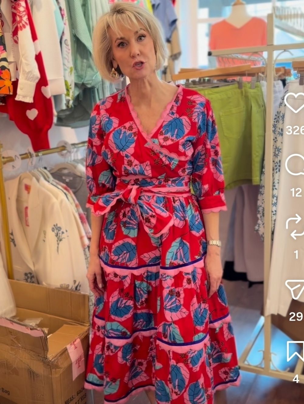 Vibrant Floral Wrap Midi Dress in Red and Pink Sash Medium - Picture 3 of 11